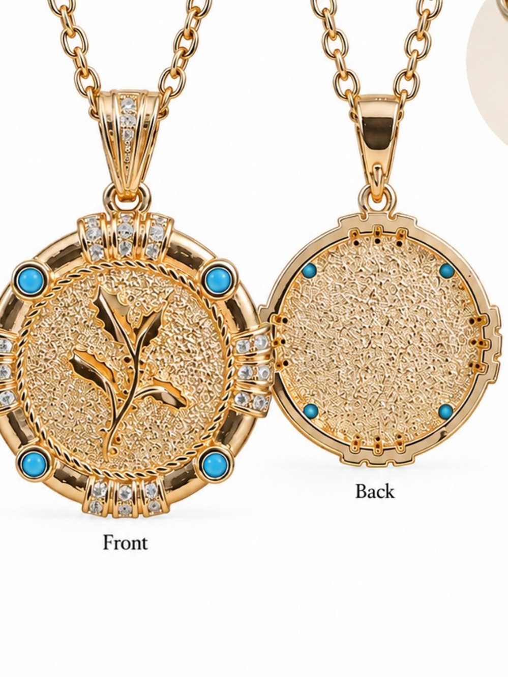Vintage-Style Gold-Tone Botanical Medallion Turquoise & Rhinestone Necklace